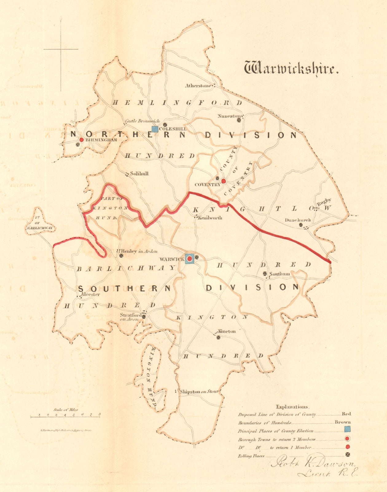 Warwickshire county map. Divisions boroughs electoral. REFORM ACT. DAWSON 1832
